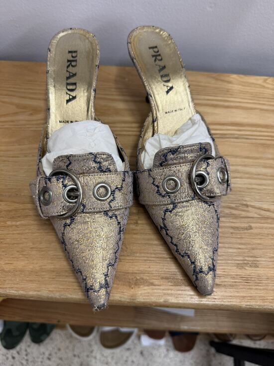 Prada Shoes - Vintage PRADA SS 2002 Gold Brocade Toe Buckle Mule Kitten Heels Size EU37 US 7